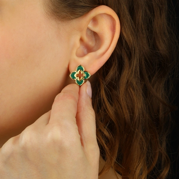 925 Ayar Gümüş Yeşil Malakit Taşlı Yonca Küpe