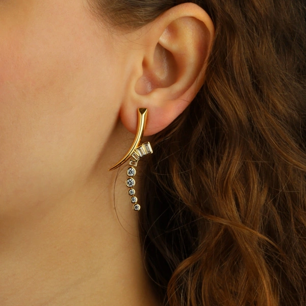 925 Ayar Gümüş Baget ve Yuvarlak Taşlı Sallantılı Küpe