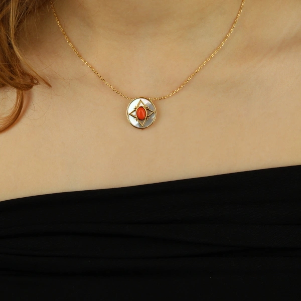 925 Ayar Gümüş Altın Kaplama Sedef Taşlı Kolye