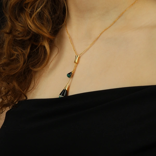 925 Gümüş Altın Kaplama Sallantılı Malakit Taşlı Kolye