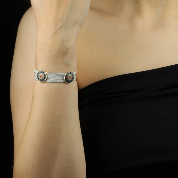925 Ayar Lacivert Mineli Mardin Hasırı Gümüş Bileklik