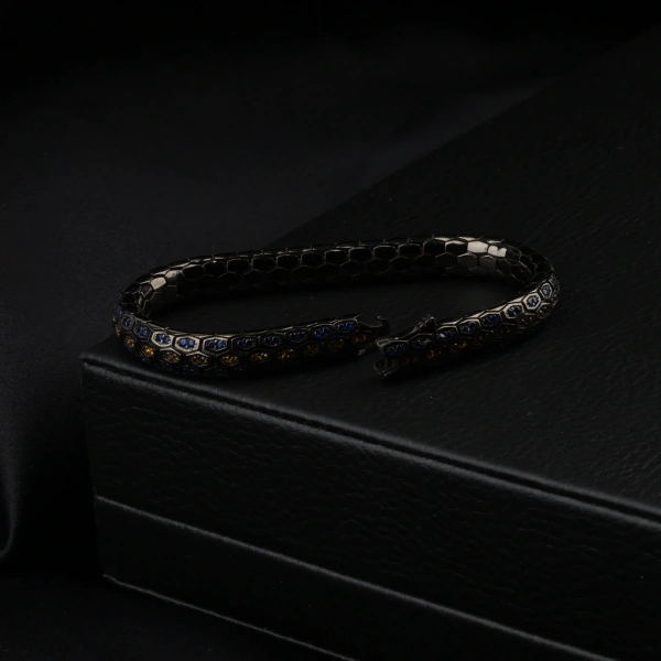 925 Ayar Sarı Lacivert Zirkon Snake Vip Gümüş Bileklik