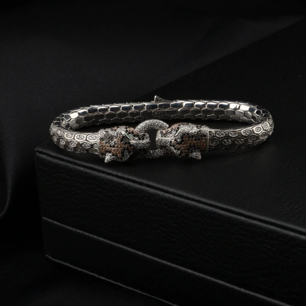 925 Ayar Snake Miks Kaplan Vip Gümüş Bileklik