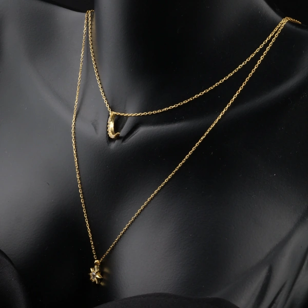 Altın Kaplama Ay ve Kutup Yıldızı Katmanlı 925 Ayar Gümüş Kolye