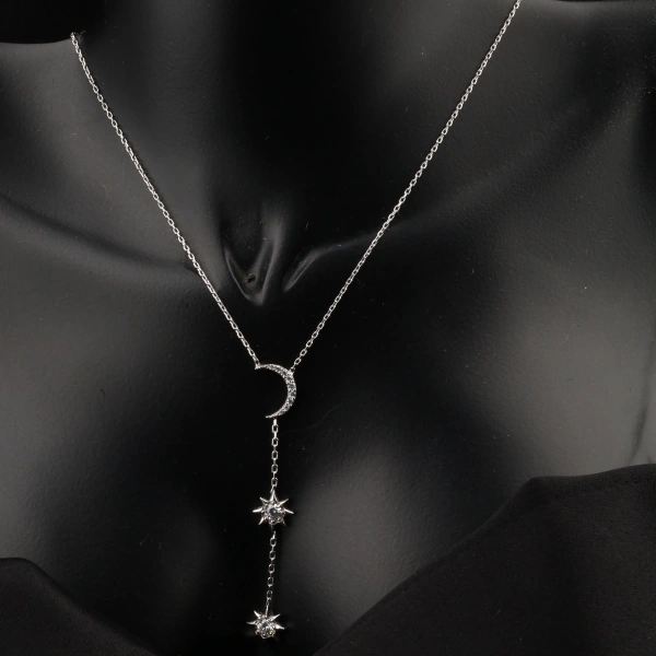 Ay ve Çift Yıldız Sarkıtlı  925 Ayar Gümüş Kolye