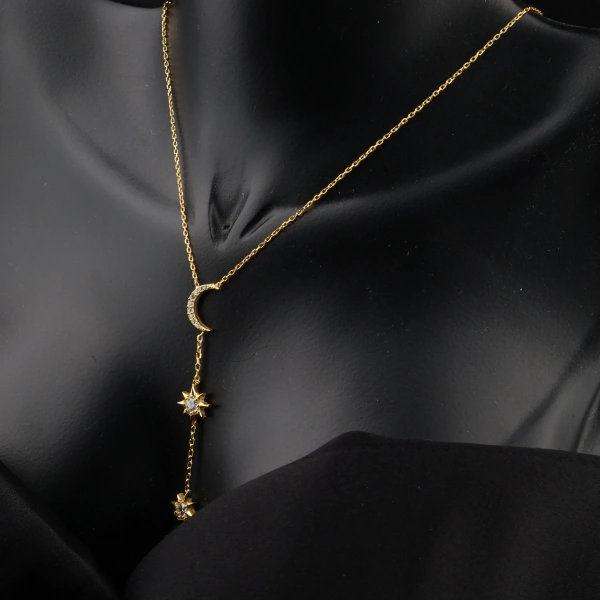 Ay ve Çift Yıldız Sarkıtlı 925 Ayar Gümüş Kolye