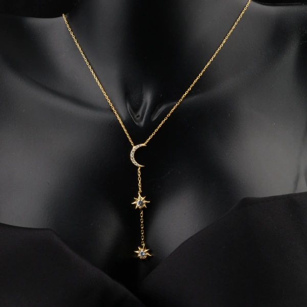 Ay ve Çift Yıldız Sarkıtlı 925 Ayar Gümüş Kolye