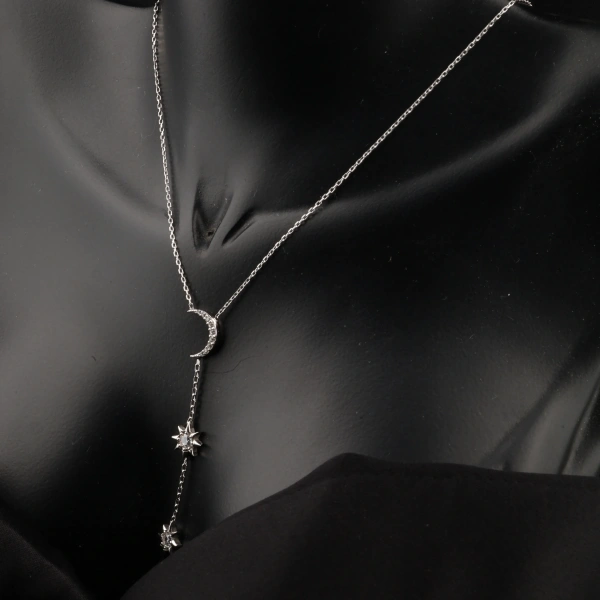 Ay ve Çift Yıldız Sarkıtlı  925 Ayar Gümüş Kolye