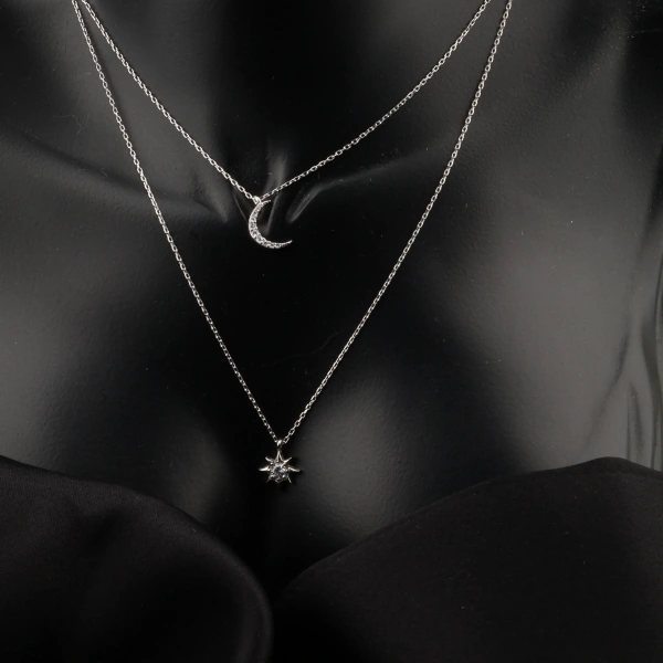 Ay ve Kutup Yıldızı Katmanlı 925 Ayar Gümüş Kolye