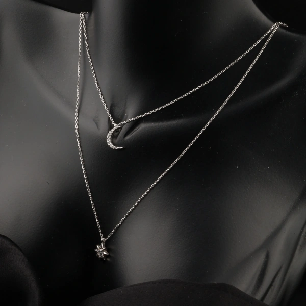 Ay ve Kutup Yıldızı Katmanlı 925 Ayar Gümüş Kolye