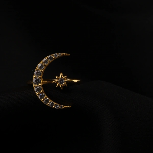 Ay ve Yıldız Figürlü Gold Kaplama Gümüş Yüzük