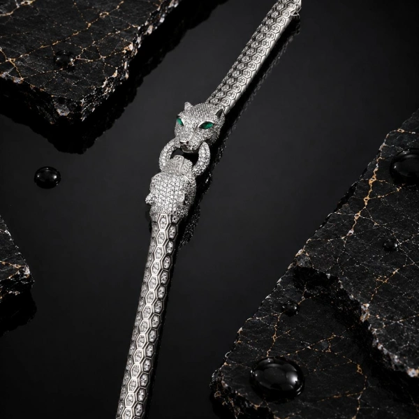 Unisex Gümüş Snake Kaplan Başlı Gümüş Bileklik