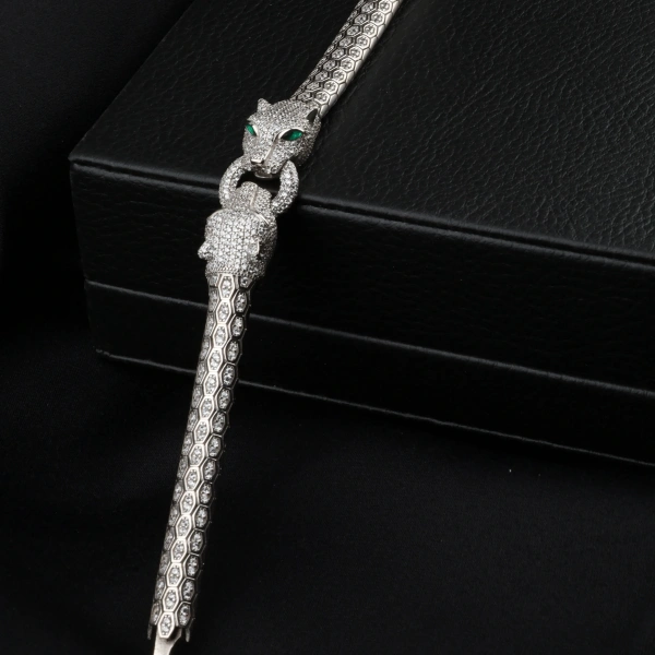 Unisex Gümüş Snake Kaplan Başlı Gümüş Bileklik