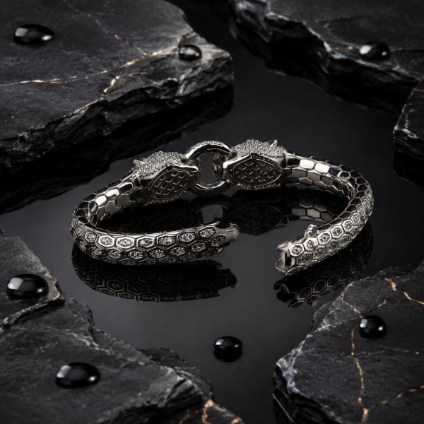 Unisex Gümüş Snake Kaplan Başlı Gümüş Bileklik