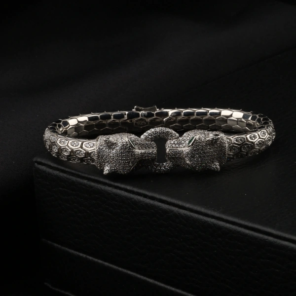 Unisex Gümüş Snake Kaplan Başlı Gümüş Bileklik
