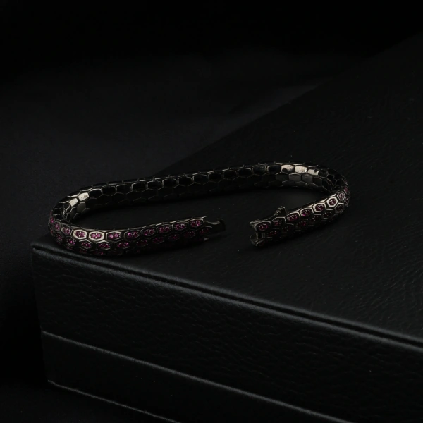 Yakut Taşlı Siyah 925 ayar Snake Vip Gümüş Bileklik