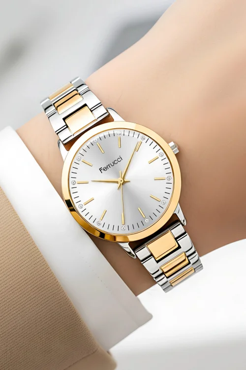 Ferrucci FC.13070M Çelik Kordon Çelik Kasa Kadın Kol Saati, Bileklik Hediye Gümüş-Gold, zmfer201