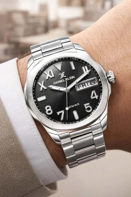 Daniel Klein Çelik Kordon&Kasa Takvimli Erkek Kol Saati Bileklik Hediyeli Gümüş-Siyah zmdk1204