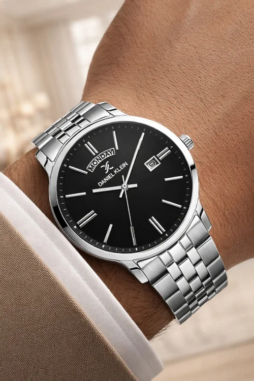 Daniel Klein Çelik Kordon&Kasa Takvimli Erkek Kol Saati Bileklik Hediyeli Gümüş-Siyah zmdk1205