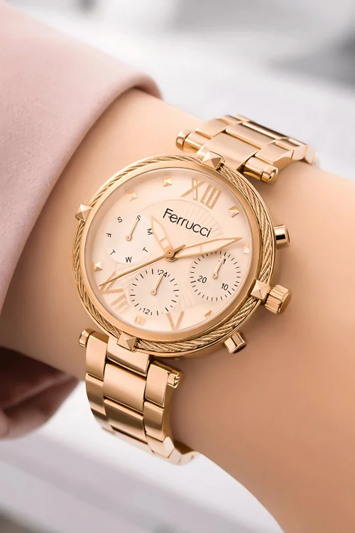 Ferrucci Kadın Kol Saati Çelik Kordon Çelik Kasa Taşlı Bileklik Hediyesi ile Rose zmfer045