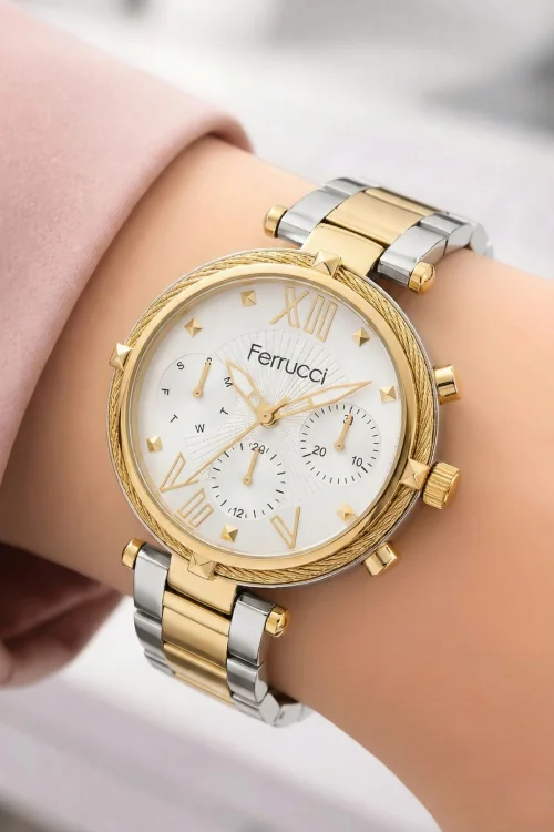 Ferrucci Kadın Kol Saati Çelik Kordon Çelik Kasa Taşlı Bileklik Hediyesi ile Gold-Gümüş zmfer045