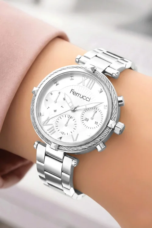 Ferrucci Kadın Kol Saati Çelik Kordon Çelik Kasa Taşlı Bileklik Hediyesi ile Gümüş zmfer045