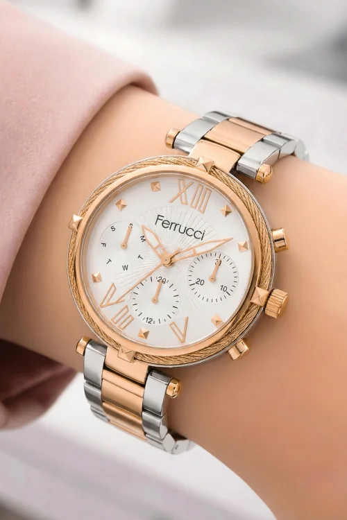 Ferrucci Kadın Kol Saati Çelik Kordon Çelik Kasa Taşlı Bileklik Hediyesi ile Rose-Gümüş zmfer045