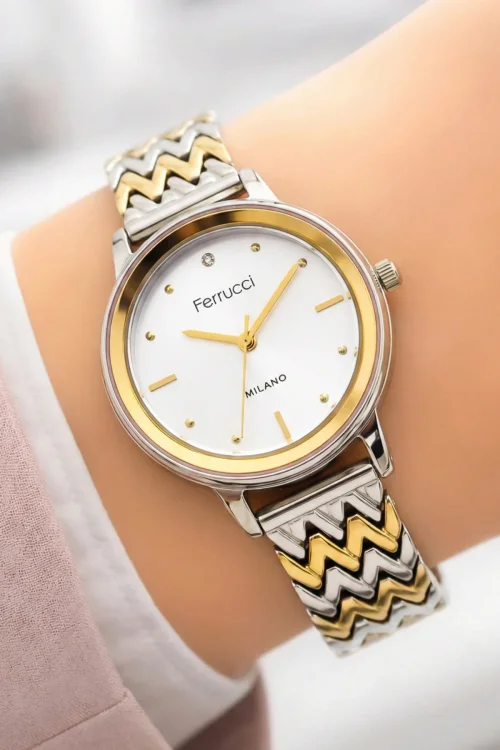 Ferrucci Çelik Kordon Çelik Kasa Kadın Kol Saati, 3 ATM Su Geçirmez Gold-Gümüş zmfer178