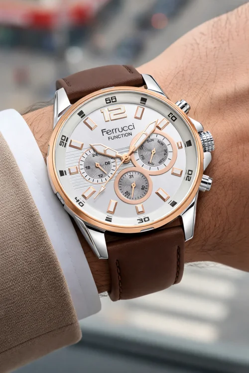Ferrucci Acı Kahve Renk, Deri Kordon, Function Erkek Kol Saati+Bileklik Kahve-Gümüş zmfer158