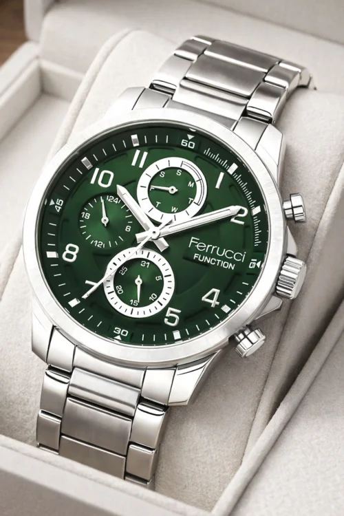 Ferrucci Function Erkek Kol Saati - Gümüş Renk Kasa ve Çelik Kordon, Yeşil Kadran ZMFer063