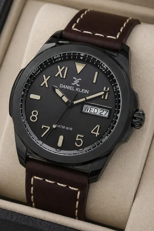 Daniel Klein Kahverengi Deri Kordon Siyah Renk Çelik Kasa Takvimli Erkek Kol Saati Bileklik Hediyeli zmdk1170