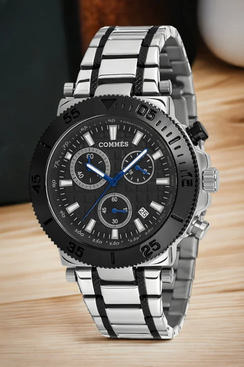 Commes Crono Çelik Kordon Erkek Kol Saati Full Fonksiyon Gümüş-Siyah Renk+Bileklik zmcms032
