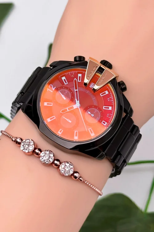 Commes Çelik Kordon&Kasa Kadın Kol Saati Renkli Mineral Cam 3 Atm Su Geçirmez Siyah-Rose zmcms037