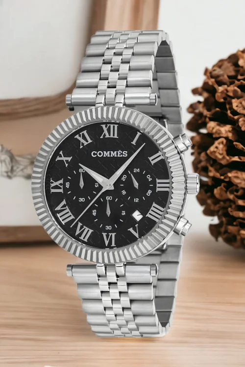 Commes Gümüş-Siyah Renk Crono Çelik Kordon Erkek Kol Saati Full Fonksiyon+Bileklik zmcms036