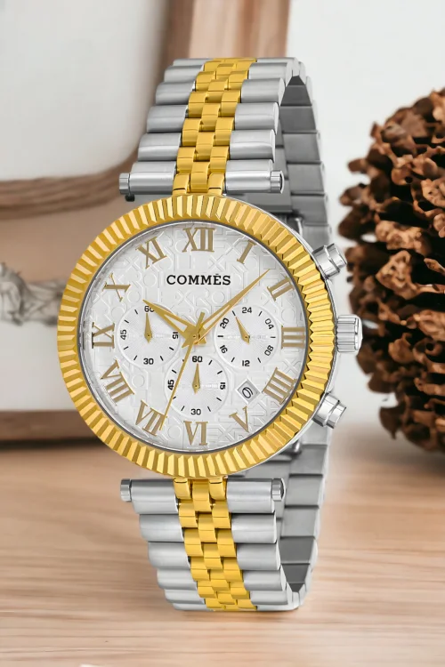 Commes Gümüş-Gold-Beyaz Renk Crono Çelik Kordon Erkek Kol Saati Full Fonksiyon+Bileklik zmcms036