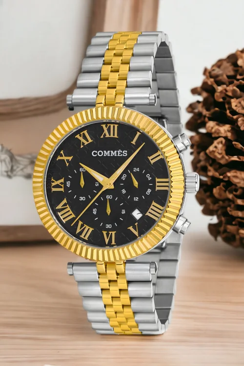 Commes Gümüş-Gold-Siyah Renk Crono Çelik Kordon Erkek Kol Saati Full Fonksiyon+Bileklik zmcms036
