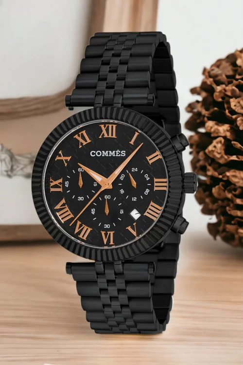 Commes Siyah Renk Crono Çelik Kordon Erkek Kol Saati Full Fonksiyon+Bileklik zmcms036