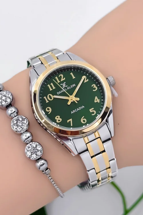 Daniel Klein Çelik Kordon Kadın Kol Saati 3 Atm Suya Dayanıklı Gümüş-Gold-Yeşil zmdk1188