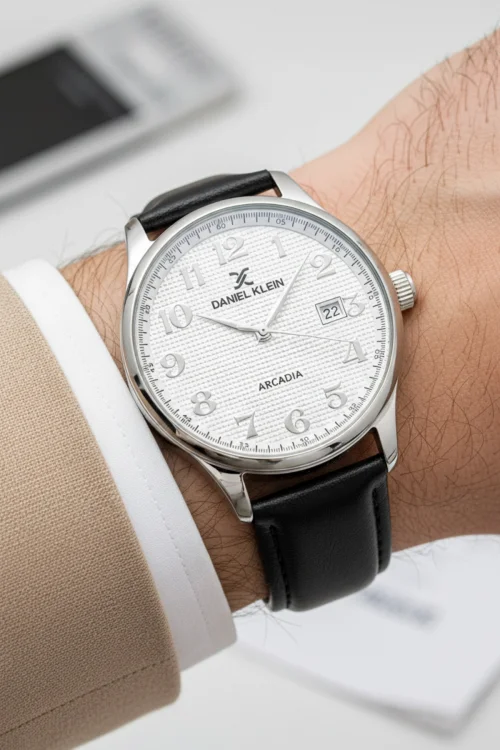 Daniel Klein Deri Kordon Çelik Kasa Takvimli Erkek Kol Saati Bileklik Hediyeli Siyah-Beyaz zmdk1170