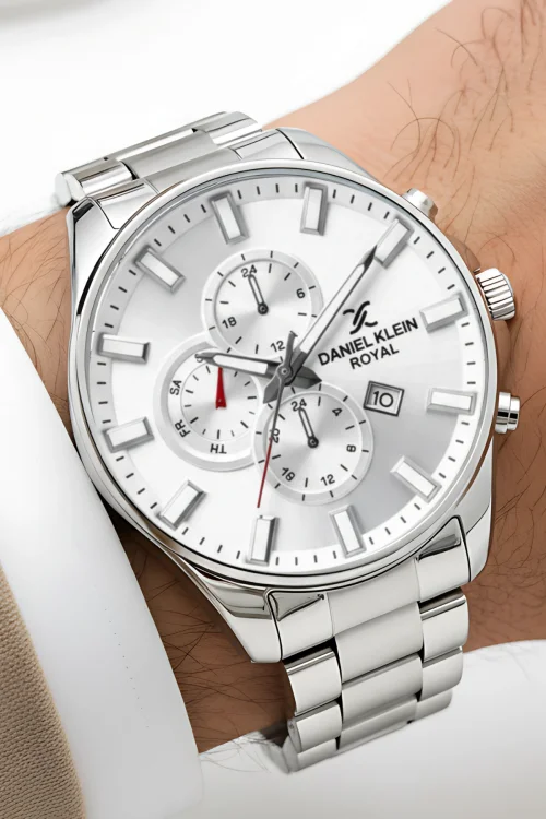 Daniel Klein Erkek Kol Saati Takvimli Çelik Kordon Çelik Kasa 3 Atm Su Geçirmez Gümüş-Beyaz zmdk1143