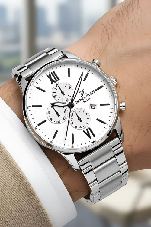 Daniel Klein Erkek Kol Saati Takvimli Çelik Kordon Çelik Kasa 3 Atm Su Geçirmez Gümüş-Beyaz zmdk1143
