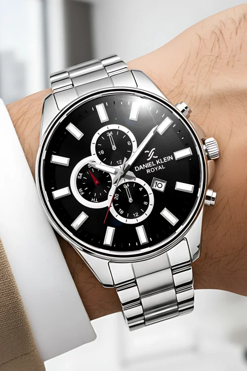Daniel Klein Erkek Kol Saati Takvimli Çelik Kordon Çelik Kasa 3 Atm Su Geçirmez Gümüş-Siyah zmdk1143