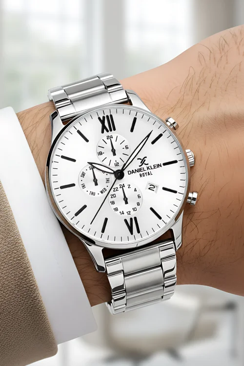 Daniel Klein Erkek Kol Saati Takvimli Çelik Kordon Çelik Kasa Gümüş-Beyaz Renk Bileklik Hediyesi İle zmdk1134