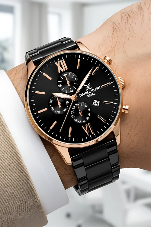Daniel Klein Erkek Kol Saati Takvimli Çelik Kordon Çelik Kasa Siyah-Rose Bileklik Hediyesi İle zmdk1134