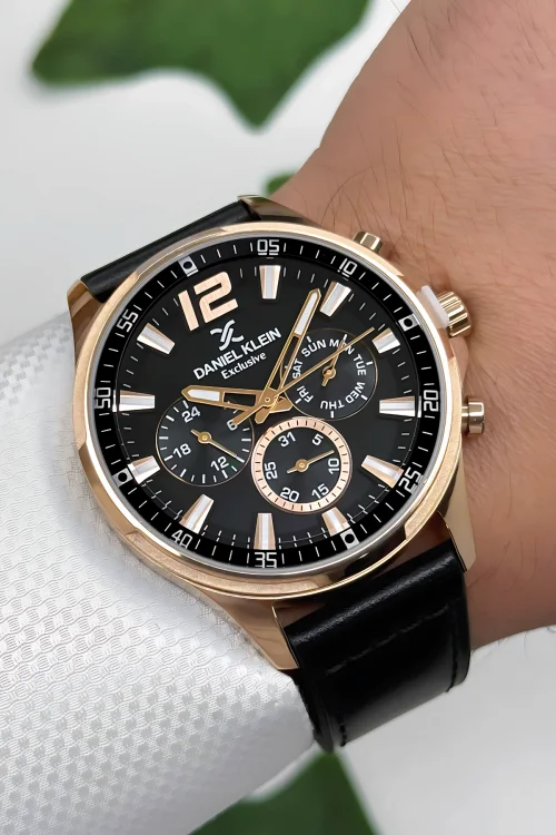 Daniel Klein Exclusive Siyah Deri Kordon Rose Çelik Kasa Erkek Kol Saati+Bileklik zmdk1172