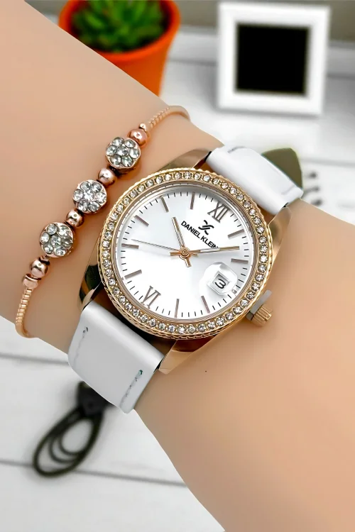Daniel Klein Kadın Kol Saati, Deri Kordon, Çelik Kasa+Bileklik Hediyeli Beyaz-Rose zmdk1198