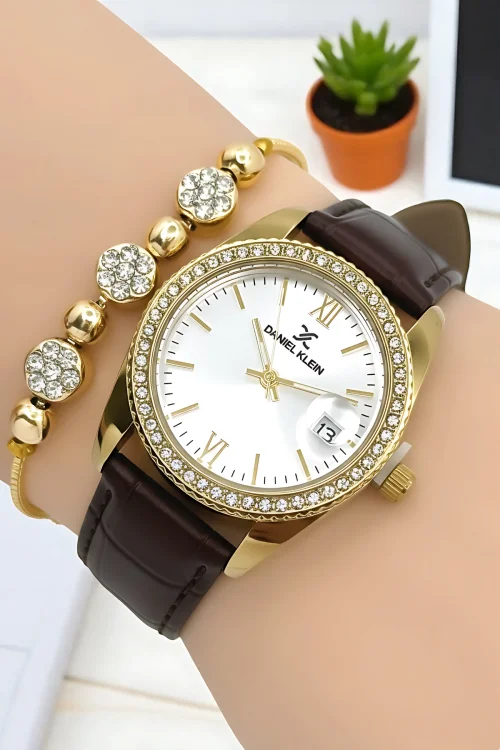 Daniel Klein Kadın Kol Saati, Deri Kordon, Çelik Kasa+Bileklik Hediyeli Kahve-Gold zmdk1198