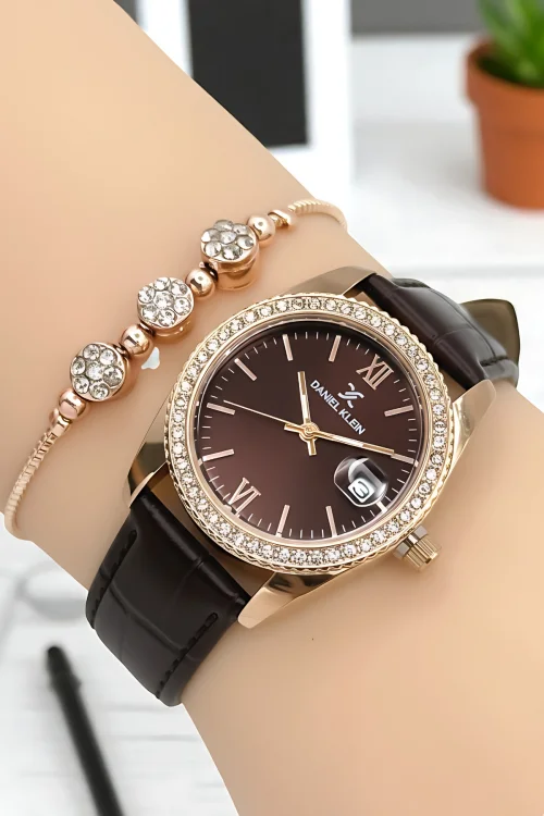 Daniel Klein Kadın Kol Saati, Deri Kordon, Çelik Kasa+Bileklik Hediyeli Kahve-Rose zmdk1198