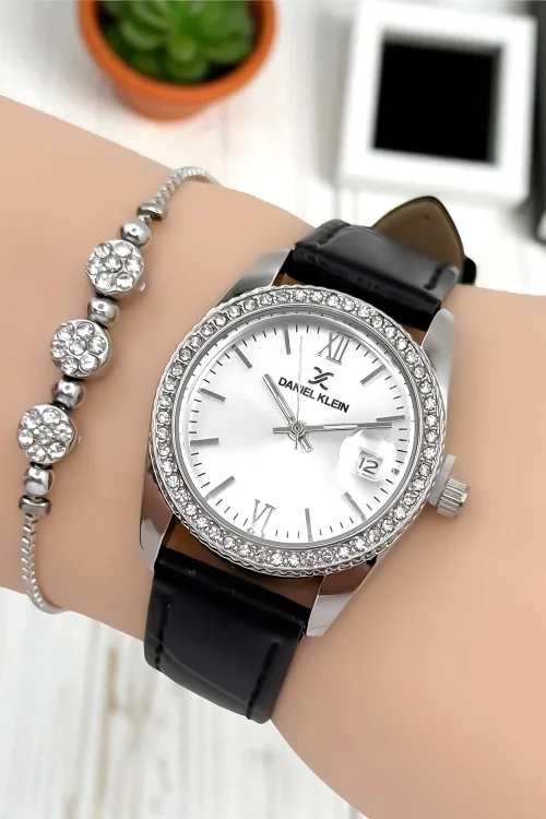 Daniel Klein Kadın Kol Saati, Deri Kordon, Çelik Kasa+Bileklik Hediyeli Siyah-Gümüş zmdk1198