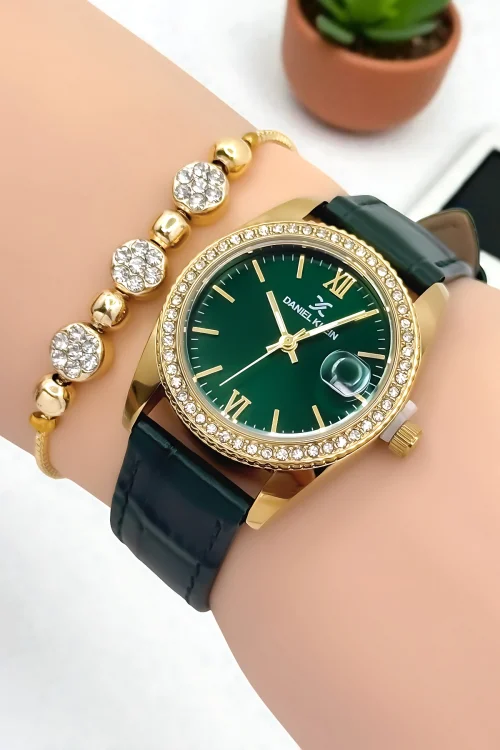 Daniel Klein Kadın Kol Saati, Deri Kordon, Çelik Kasa+Bileklik Hediyeli Yeşil-Gold zmdk1198